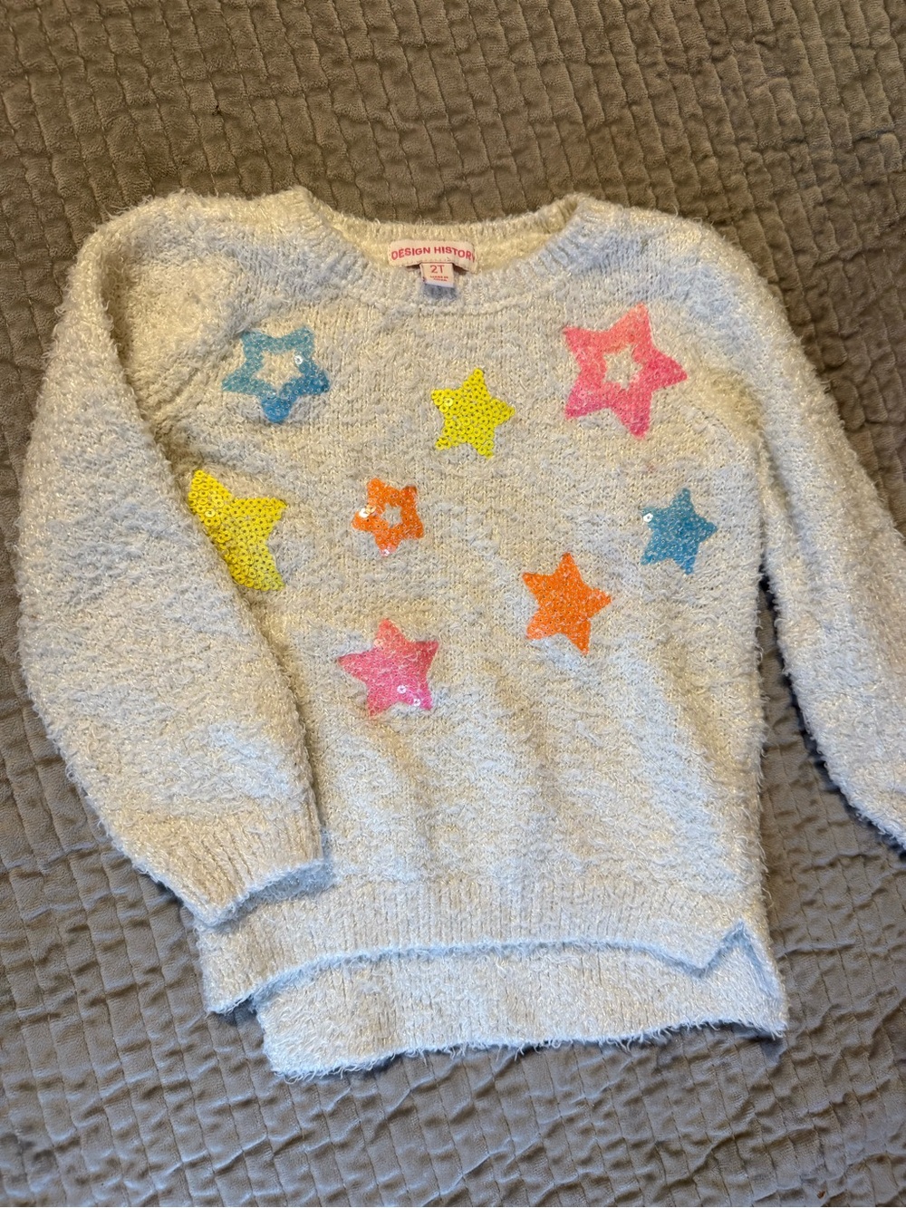 Design History Cream Fuzzy Sweater with Bright Star Appliqués